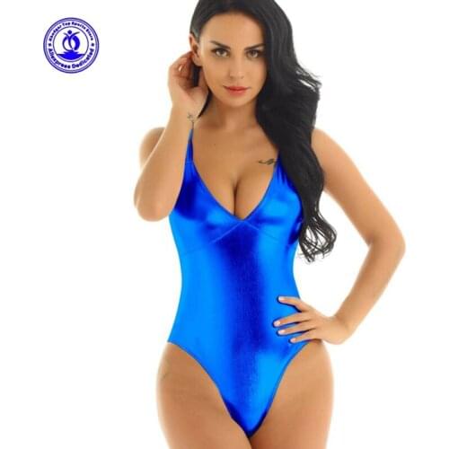 Women Shiny Bodysuit Erotic Clubwear Costumes One Piece Swimwear Thong Lingerie String Halter Bathing Suit Beach Wear Swimsuit