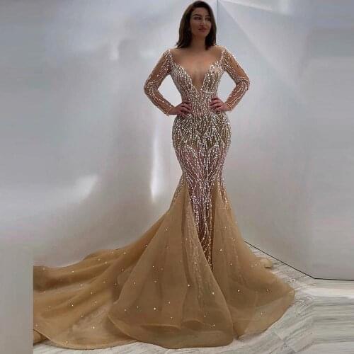 Sparkling Champagne Crystal Pageant Dresses Long Sleeve Deep V Neck Sexy Sheer Prom Dress Women Beaded Mermaid Evening Dresses