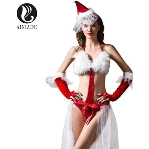 Christmas Uniform Sexy Lingerie Cosplay Deguisement Adulte Halterneck Mesh Fantasias Femininas Femme Temptation Bodysuit T1095