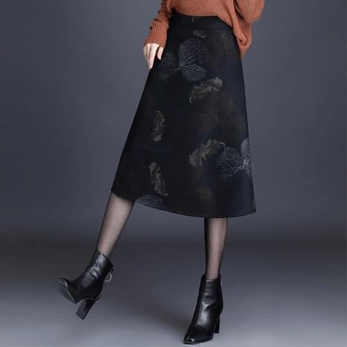 2019 Korean Vintage Casual Woman Female High Waisted Floral Print Mid Calf Woolen Skirt , Womens Clothes 4xl Wool Skirts