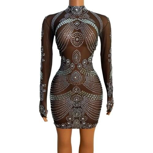 Sparkly Silver Rhinestone Transparent Short Dress Evening Bar Birthday Celebrate Costume Women Dancer Prom Party Dress XS2106