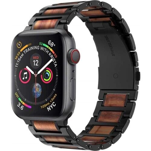 For apple watch series 5 band 44mm 40mm Natural Wooden Sandalwood Stainless Steel Link Bracelet for iwatch series 4 wrist strap