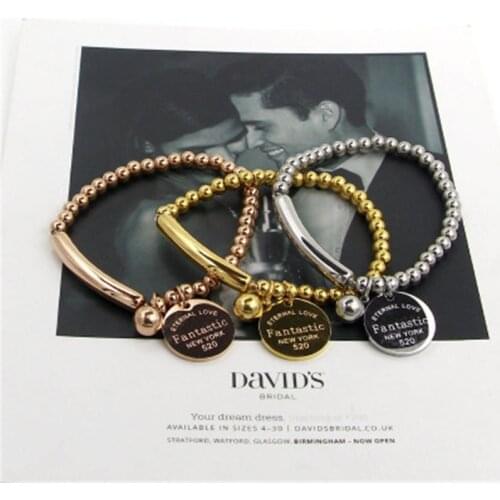 "Fantastic Eternal Love New York" Bangle Stainless Steel Ball Beads Bracelet For Women Circle Tag Charm Stretch Strand Bracelet