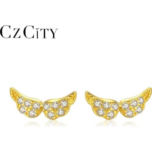 CZCITY Genuine Sterling Silver 925 Angels Wings Stud Earrings for Women Sparkling Fine Earrings Jewelry Christmas Gifts Bijoux