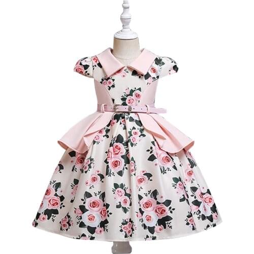 Kids Clothes Girls Summer Dress Rose Flower Printed Dress Party Dress Turn-down Collar Formal Wear Girls Clothes Belt Clothing