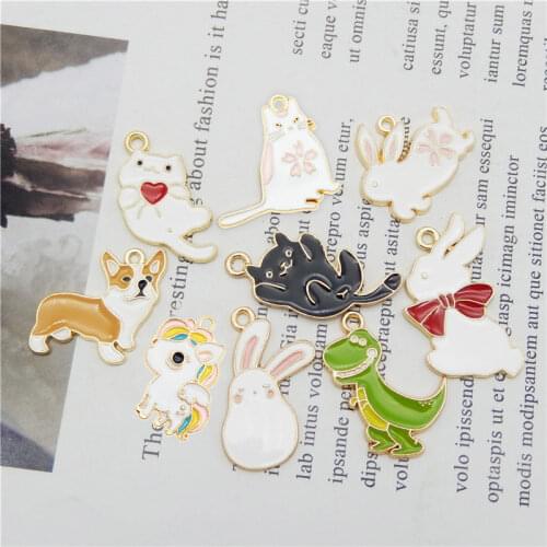 Julie Wang 5/9PCS Enamel Animal Charms Cat Dog Rabbit Dinosaur Alloy Gold Tone Necklace Bracelet Jewelry Making Accessory