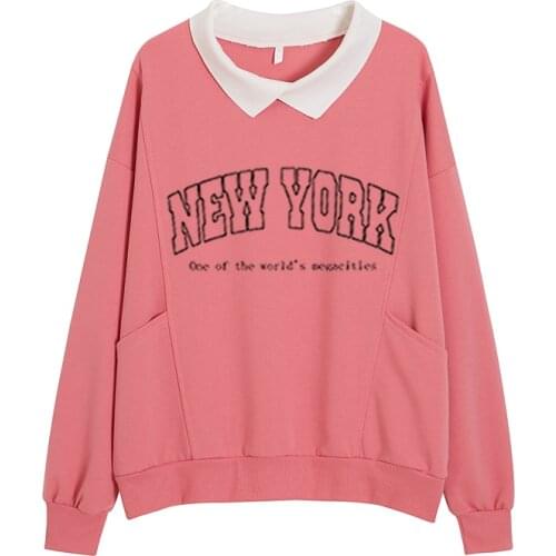 New York Letter Print Hoodie Cotton Sweatshirt with A Collar Loose Korean Pullover Women Vintage Streetwear Fashion Clothing