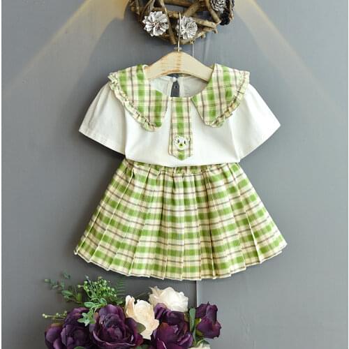 Girls summer two-piece childrens western style cartoon plaid skirt baby leisure two-piece suit fashion clothes