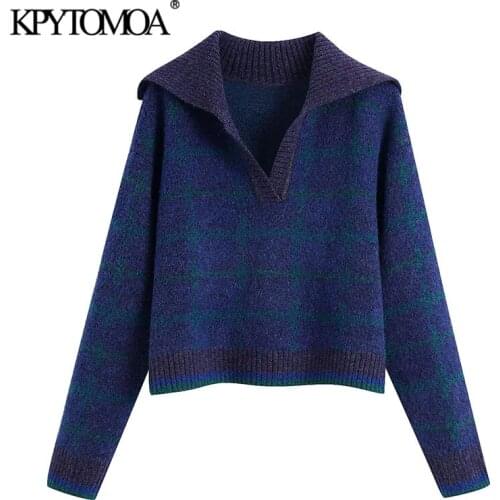 KPYTOMOA Women 2020 Fashion With Ribbed Trim Check Cropped Knitted Sweater Vintage Long Sleeve Female Pullovers Chic Tops