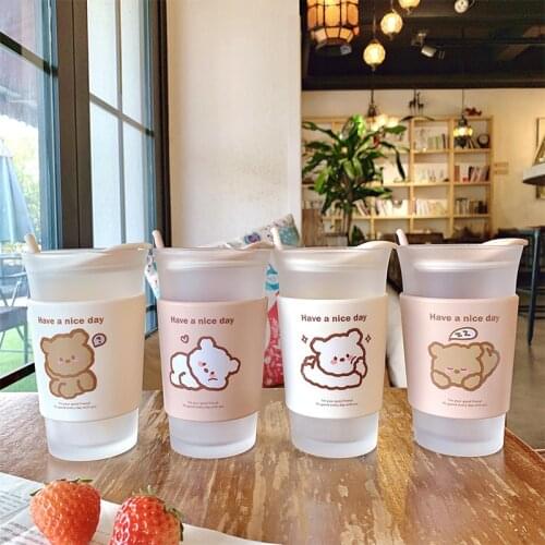 Creative Cute Bear Double-Layer Glass tea Cup with Spoon Coffee Kawaii Cup Frosted Glass Water Cup with Spoon Cups Sleeve 2021