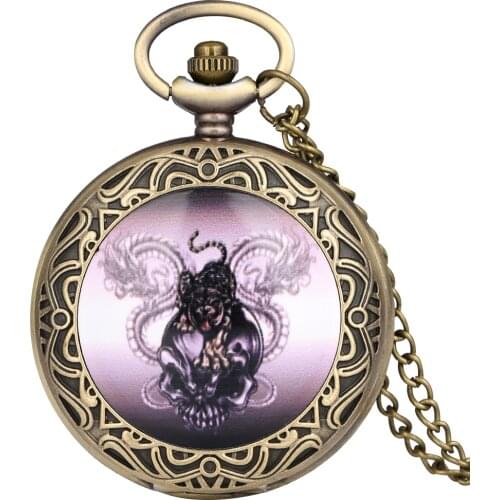 Quartz Pocket Watch Vintage Tiger Dragon Design Steampunk Skull Necklace Watch Bronze Cool Pendant Clock Gifts for Men Women