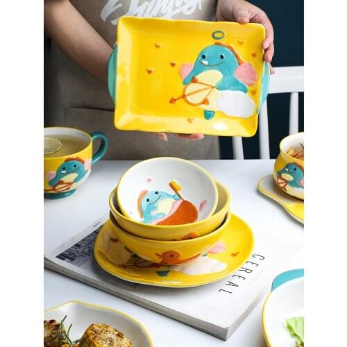 Lovely Dinosaur Ceramic Tableware The House Children Eating Bowl Rice Breakfast Plate Baking Kids Plate Dinnerware Set