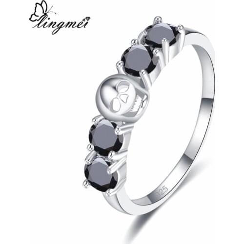 Lingmei Fashion Round Cut Blue & Black Zircon Silver Color Skull Ring Size 6-9 For Women Men Jewelry Chic Wedding Rings