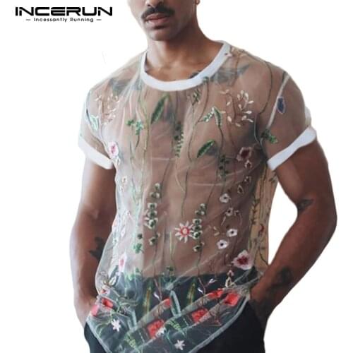 2021 Men Mesh T Shirt Embroidered Streetwear Sexy O Neck Short Sleeve Casual Tee Tops See Through Camiseta Masculina 5XL INCERUN
