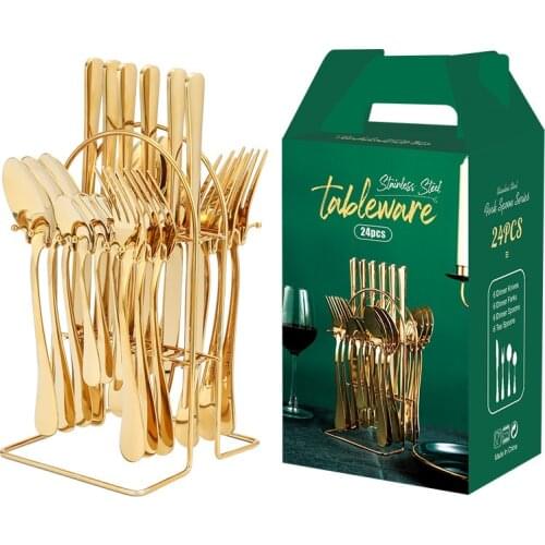 24pcs Gold Dinnerware Set Stainless Steel Tableware Set Knife Fork Spoon Luxury Cutlery Set With Storage Rack Dishwasher Safe