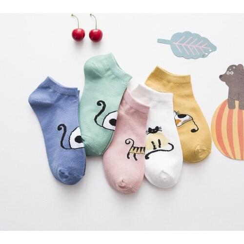 5Pair/Lot Cute Cat Socks Women Creative Casual Cotton Funny Animals Socks Striped Solid Short Sock for Female