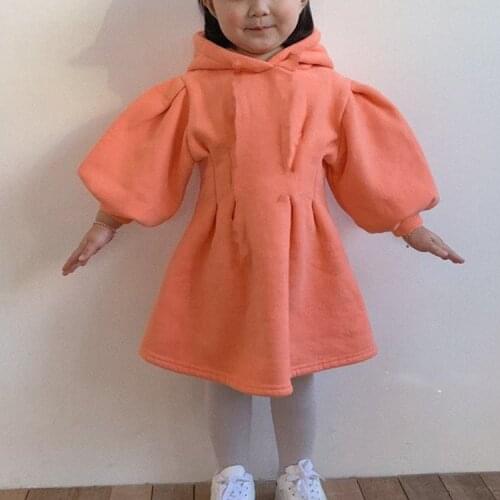 2 3 4 5 6 Y Baby Girls New Korean Dress Autumn Winter Fashion Pleated Waist Puff Sleeve Dress for Girl Kids Hooded Sweater Dress