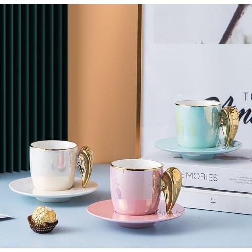 Nordic Porcelain Gold Angel Wing Cup With Saucer Colorful Ceramic Coffee Tea Cup Set New Home Decor Luxury Wedding Birthday Gift
