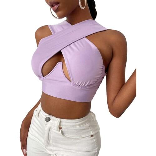 Womens Criss Cross Tank Tops, Sexy Sleeveless Solid Color Cutout Front Casual Crop Tops