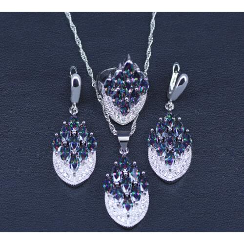 Silver Color Natural Mystic Rainbow Zircon Stone Jewelry Sets For Women Earrings/Pendant/Ring/Necklace Set