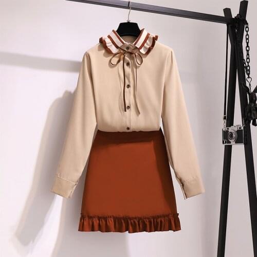 2 Piece Set Women Chiffon Patchwork Shirt 2020 Fashion Preppy Look Spring White Office Ladies Blouse+Mini Brown A Line Skirt Set