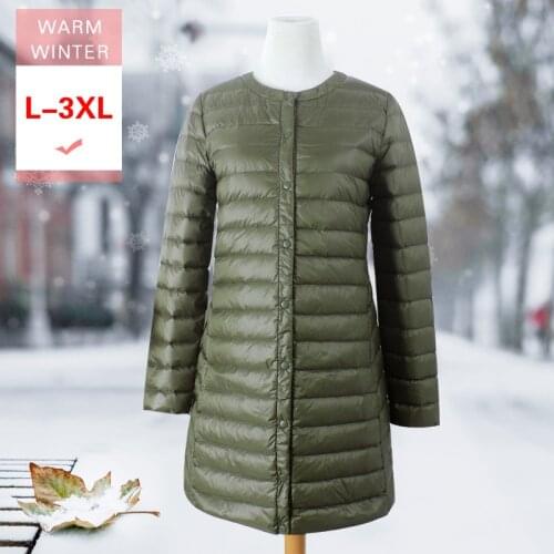 Women ultra Light Long Down Coat Female Winter White Duck Down Slim Thin Single Breasted Warm Down Coat O-Neck Lightweight Liner
