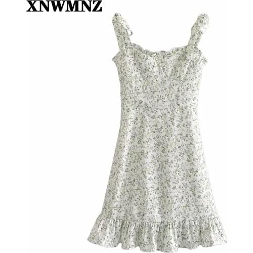 XNWMNZ Women Chic Floral Print Dress Retro Dresses Sexy Vestidos Vintage Adjust Spaghetti Strap Women Mini Dress 2021