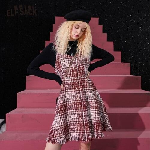 ELFSACK Red Plaid Casual High Waist Vintage Dress Women 2021 Spring Stylish Sleeveless Korean Ladies Party Dress