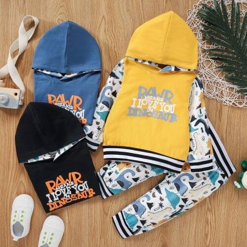2021 Spring Autumn Toddler Kids Baby Boy Long Sleeve Hooded Sweatshirt Tops Cartoon Dinosaur Print Long Pant 2PCS Clothing Set