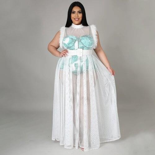 4XL 3XL Plus Size Womens Clothing Dashiki African Fashion Designer Dress 2021 Spring Summer See Through Sleeveless Maxi Dress