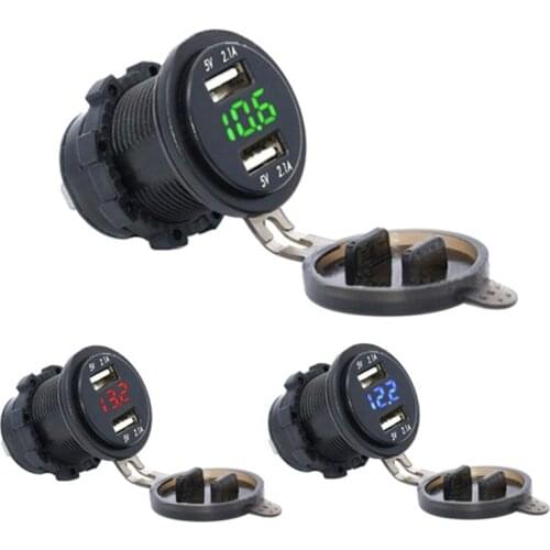 4.2A Car 2 Port Dual USB Charge Adapter Cigarette Lighter Socket LED Voltmeter with Waterproof Cover for DC 12V-24V Cars Vehicle