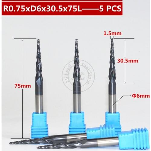 Free shipping-5PCS R0.75*D6*30.5*75L*2F HRC55 Tungsten solid carbide Coated Tapered Ball Nose End Mill taper and cone end mills