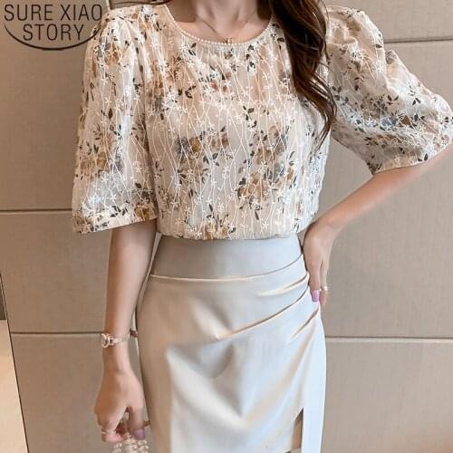 2021 Summer Round Neck Short Sleeve Shirts For Women Floral Pullover Women Blouse Blusas Mujer Office Lady Chiffon Tops 9625
