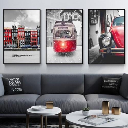 Black Red Car Train Buildings Wall Art Canvas Paintings Vintag City Landscape Wall Art Prints and Posters Living Room Home Decor