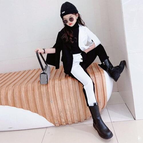 Girls Designer Clothes Spring Autumn Fashion 2 Pic Sets 4-6y 7-12y 12+y Full Patchwork V-Neck Coat Pants for Teenagers
