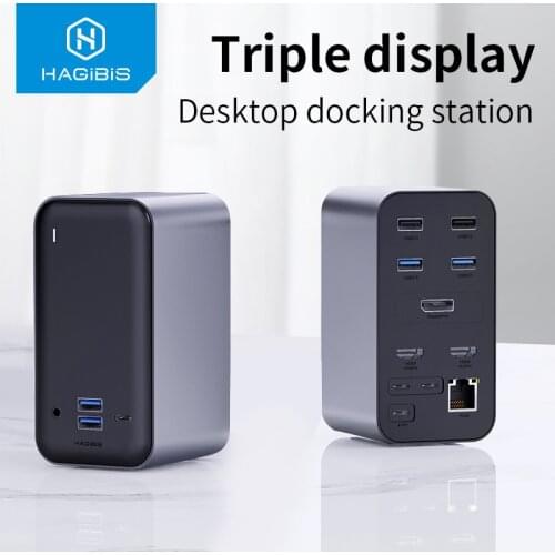 Hagibis USB C Docking Station Triple display Type C to 4K HDMI-compatible VGA DP USB 3.0 HUB RJ45 3.5mm PD for PC Windows MacOS