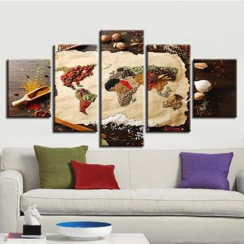 Canvas Paintings Living Room Wall Art 5 Pcs Grains Spices World Map Pictures HD Prints Food Poster Modular Home Decor(No Frame)