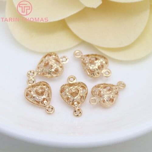 10PCS 9x14MM 24K Gold Color Plated Brass 2 holes Hollow Heart Charms High Quality Diy Jewelry Accessories