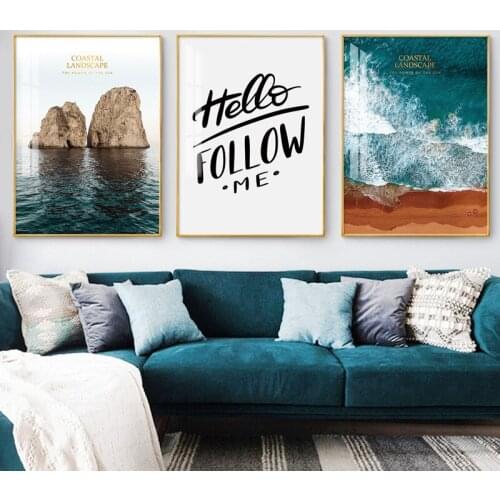 Nordic Style Landscape Beach Blue Waves Bridge House Abstract Letters Canvas Painting Wall Picture Printing Poster Room Decor