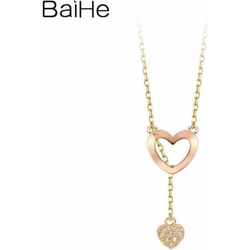 BAIHE Solid 18K Yellow Rose Gold 0.04ct Round Natural Diamonds Wedding Cute/Romantic Fine Jewelry Heart-shaped tassel Necklaces