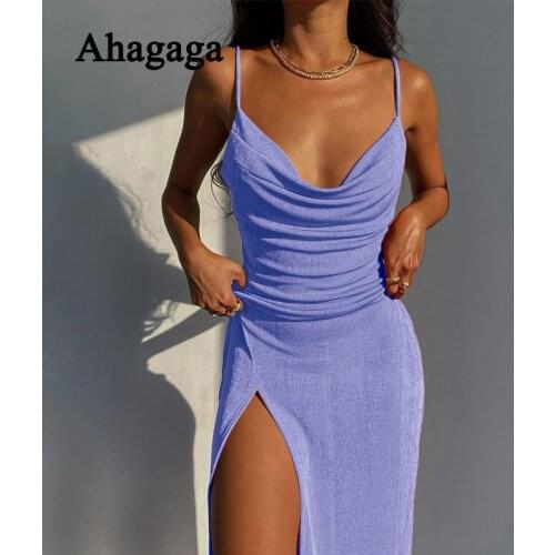 Ahagaga 2021 Summer Party Gown Women Midi Dress Fashion Solid High Split Spaghetti Strap Backless Sexy Female Dress Vestido Robe