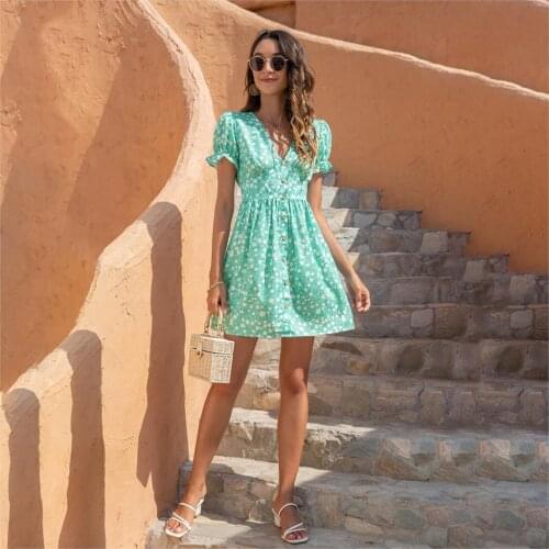 Summer Women Puff Sleeve Floral Mini Dress Casual Print Folds Short Sleeve Button Sweet Dresses 2021 Ladies Sexy Beach Dress