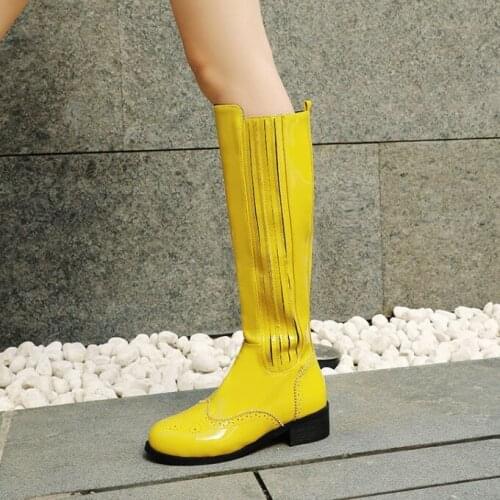 PXELENA Patent Leather Women Knee High Riding Knight Boots Bright Purple Yellow Low Heels Winter Brogue Shoes Cosplay Plus Size