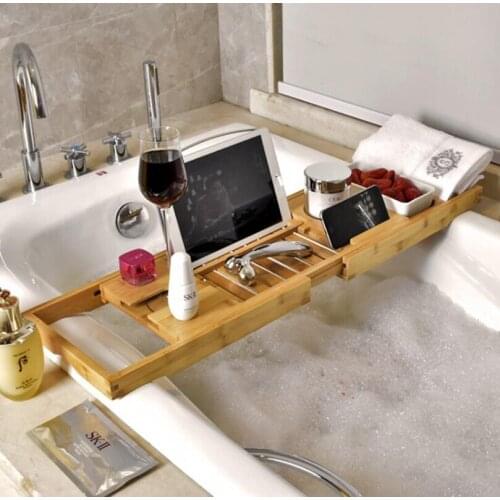Luxury Extendable Bamboo Bath Caddy Tray Adjustable Home Spa Wooden Bathtub Tray Book Wine Tablet Holder Reading Rack Extension