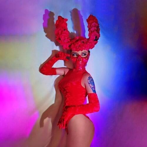 Sexy red dance Costume DJ Nightclub Stage Lace Bodysuit Halloween Party Rave Outfit For Women Gogo Pole Dance Performance Wear