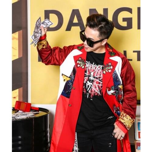High Quality New DS Men singer Fashion Blazer jacket bar male DJ stitching Embroidery Long hip-hop Rock windbreaker tide Coats