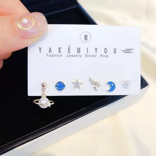 Delicate 6pcs Marine Organism Stud Earrings Set Gold Color Cubic Zircon Imitation Pearl Earrings for Women