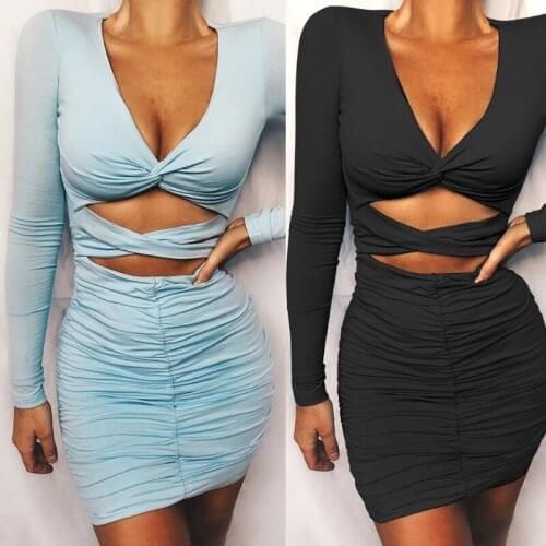Women Autumn Long Sleeve V-Neck Bodycon Mini Dress Twist Knotted Sexy Hollow Out High Waist Backless Ruched Clubwear