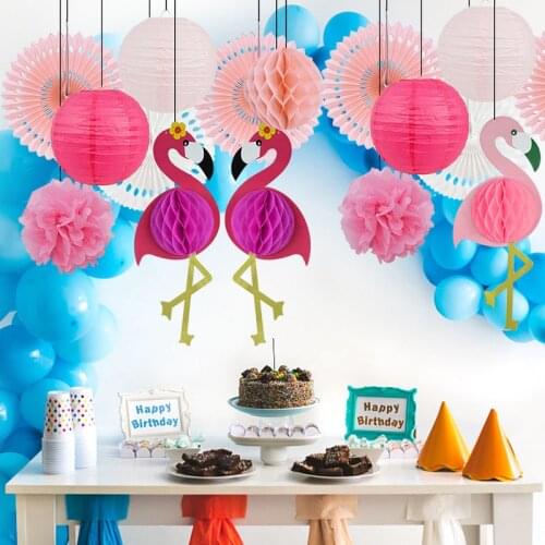 1Set Tropical Pink Flamingo Party Honeycomb Decoration Tissue Paper Fan Flowers Lanterns For Hawaiian Summer Beach Luau Party