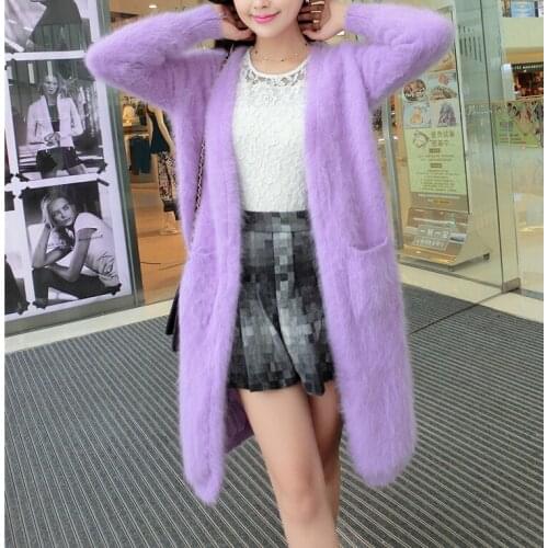 2019 New Arrival Knitted Real Mink Cashmere Long Cardigans Factory Custom OEM Natural Mink Cashmere Sweater Pocket Coat TBFP942
